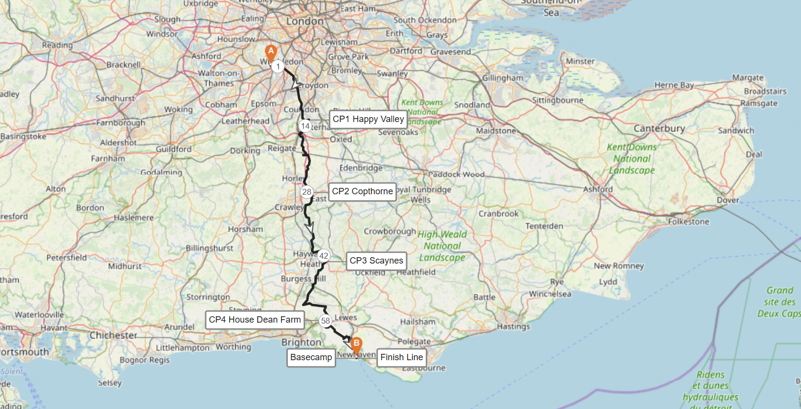 Running relay route from London to Paris with checkpoints and finish line shown on a detailed map.