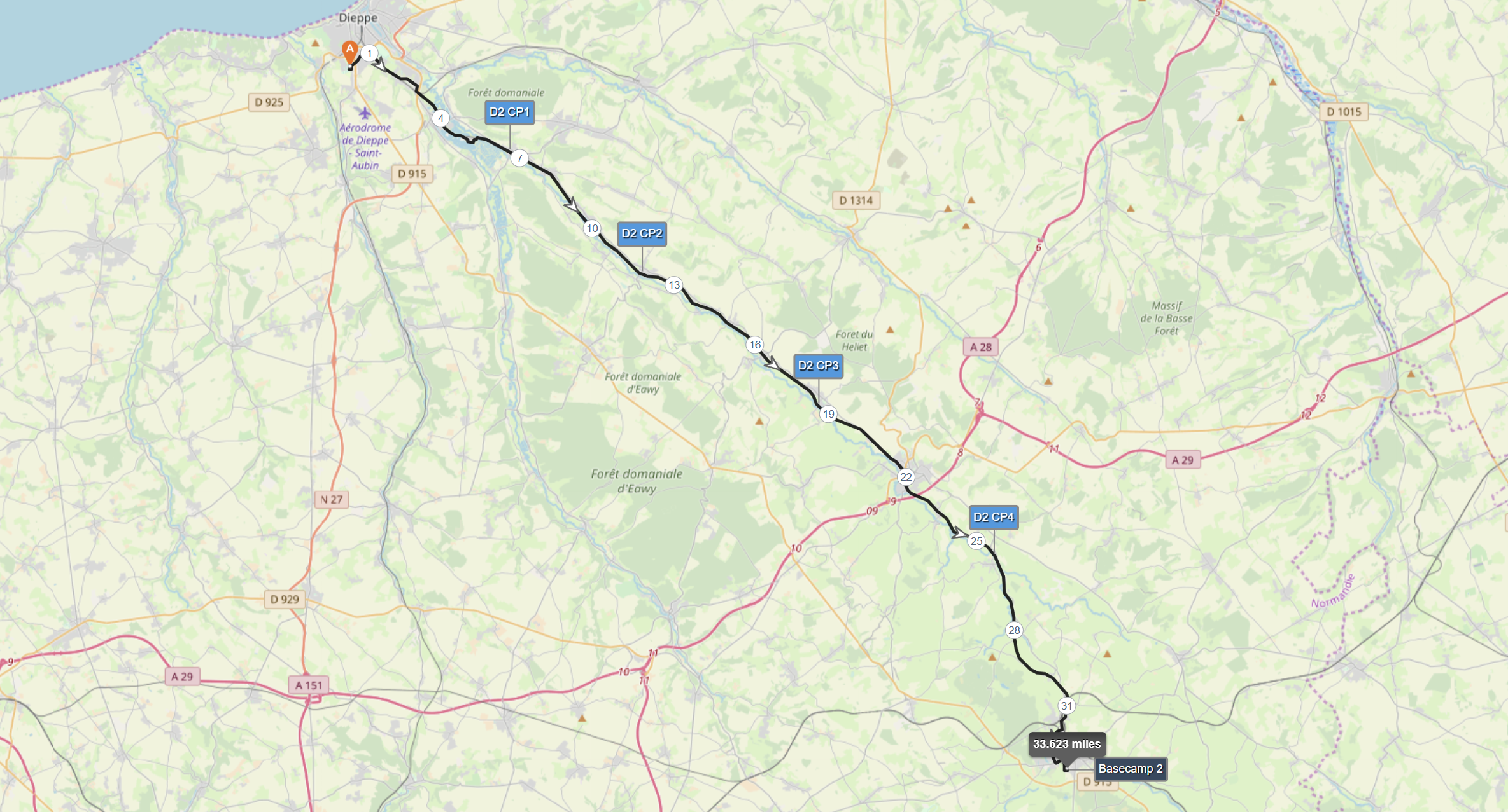 Relay run route from London to Paris along scenic landscape and forests.