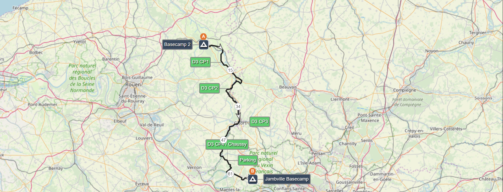Running relay route from London to Paris map showing checkpoints and campsites.