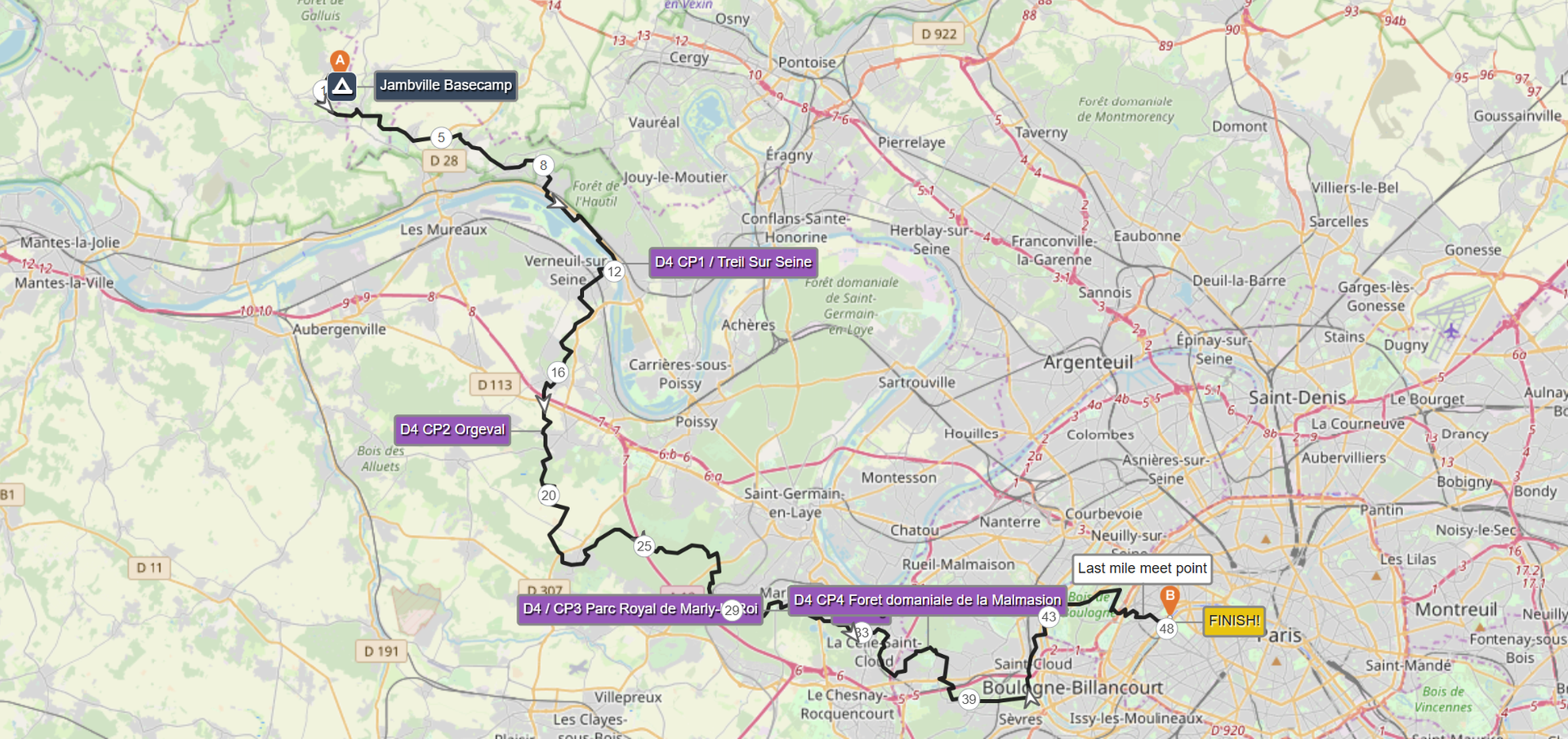 Run2paris relay route map from London to Paris for marathon participants.