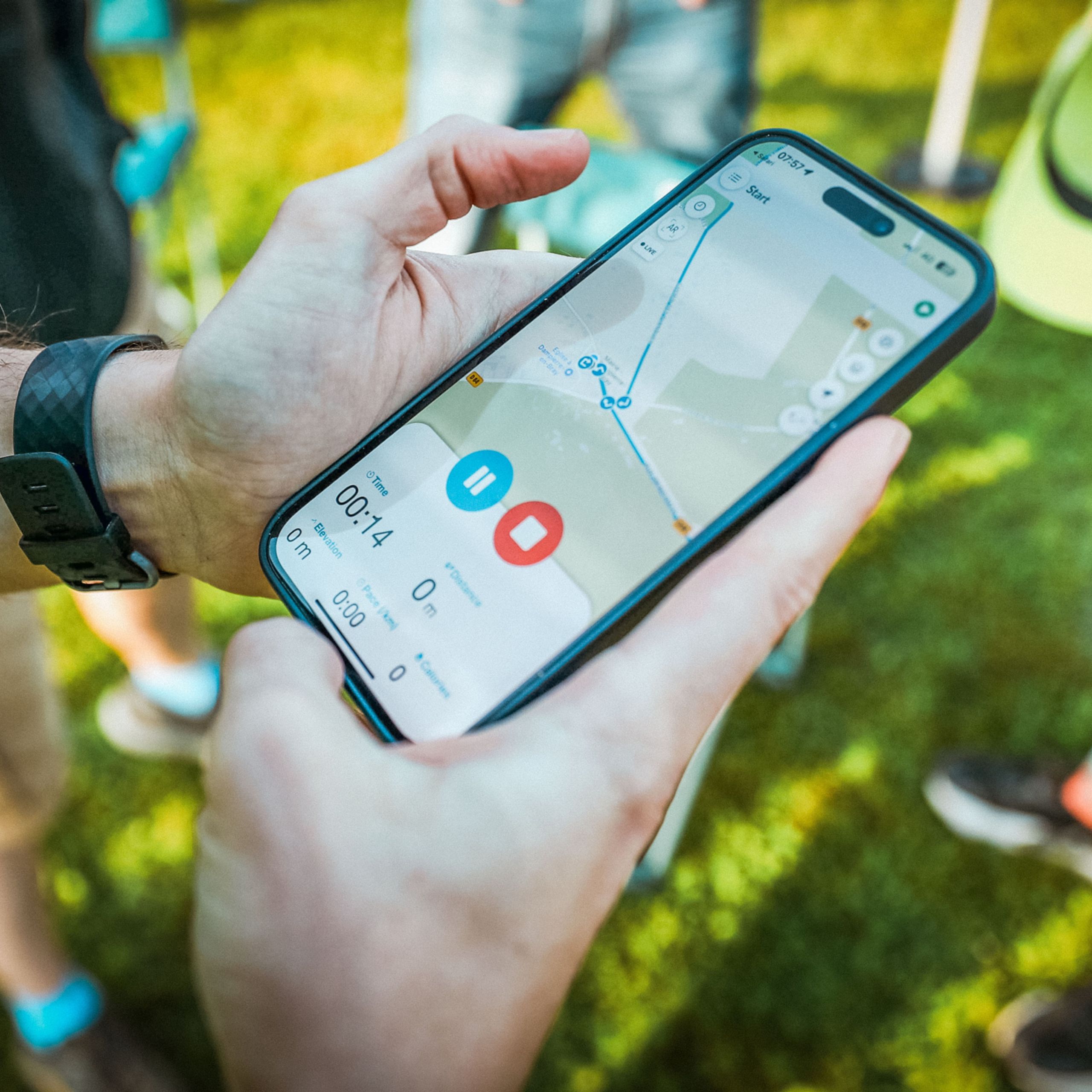 Tracking the relay run from London to Paris on a smartphone GPS app.